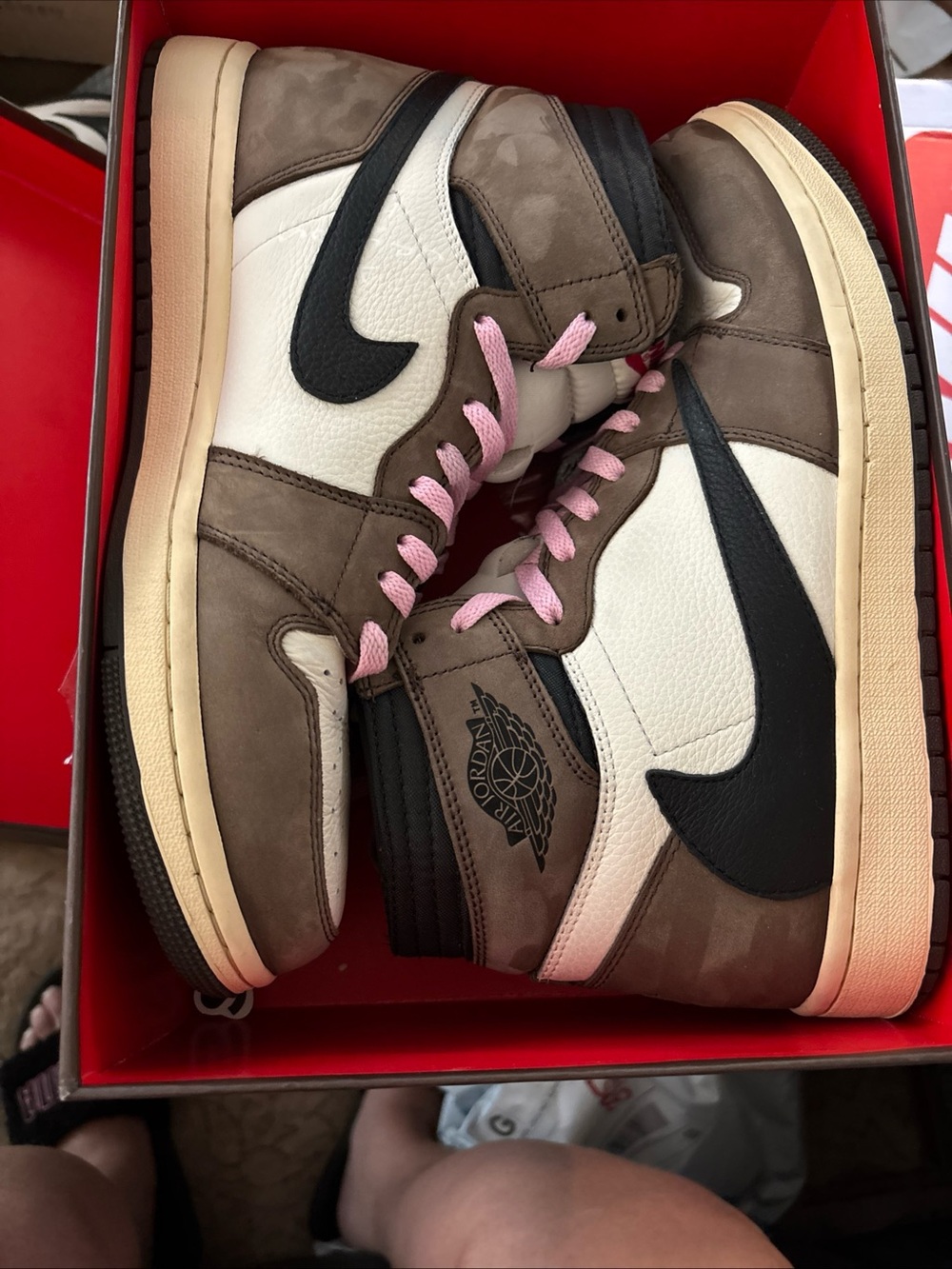 Jordan High-Top Sneakers in Brown, White & Black with Pink Laces